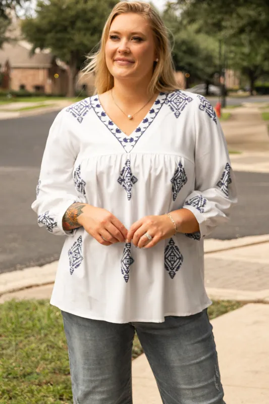 White Boho Geometric Print V Neck Bracelet Sleeve Plus Size Blouse sold by Beagle Boutique