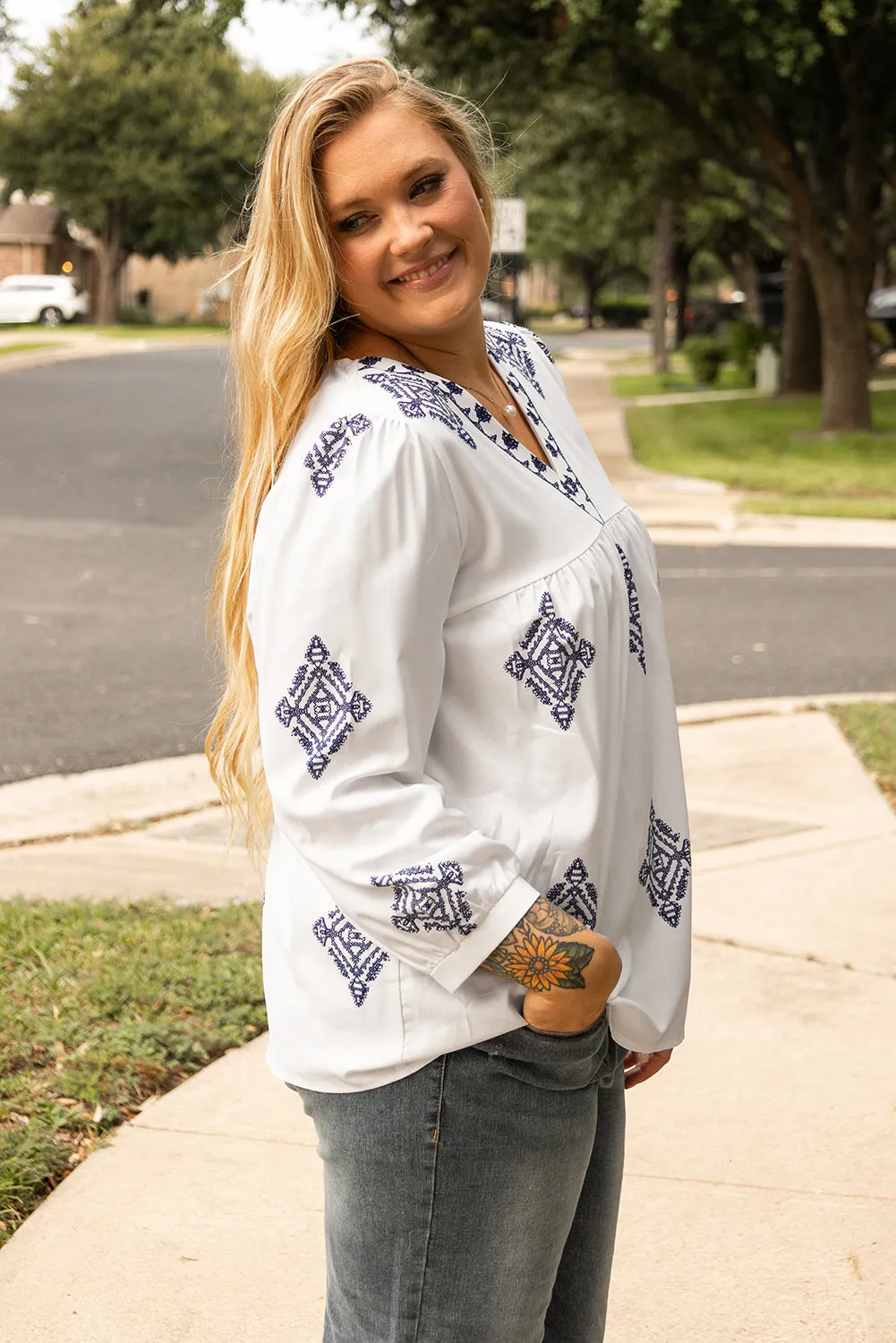White Boho Geometric Print V Neck Bracelet Sleeve Plus Size Blouse sold by Beagle Boutique product image thumbnail 3