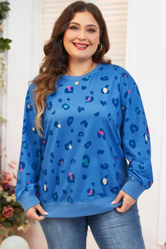 Sky Blue Leopard Ribbed Edge Drop Shoulder Pullover Sweatshirt sold by Beagle Boutique