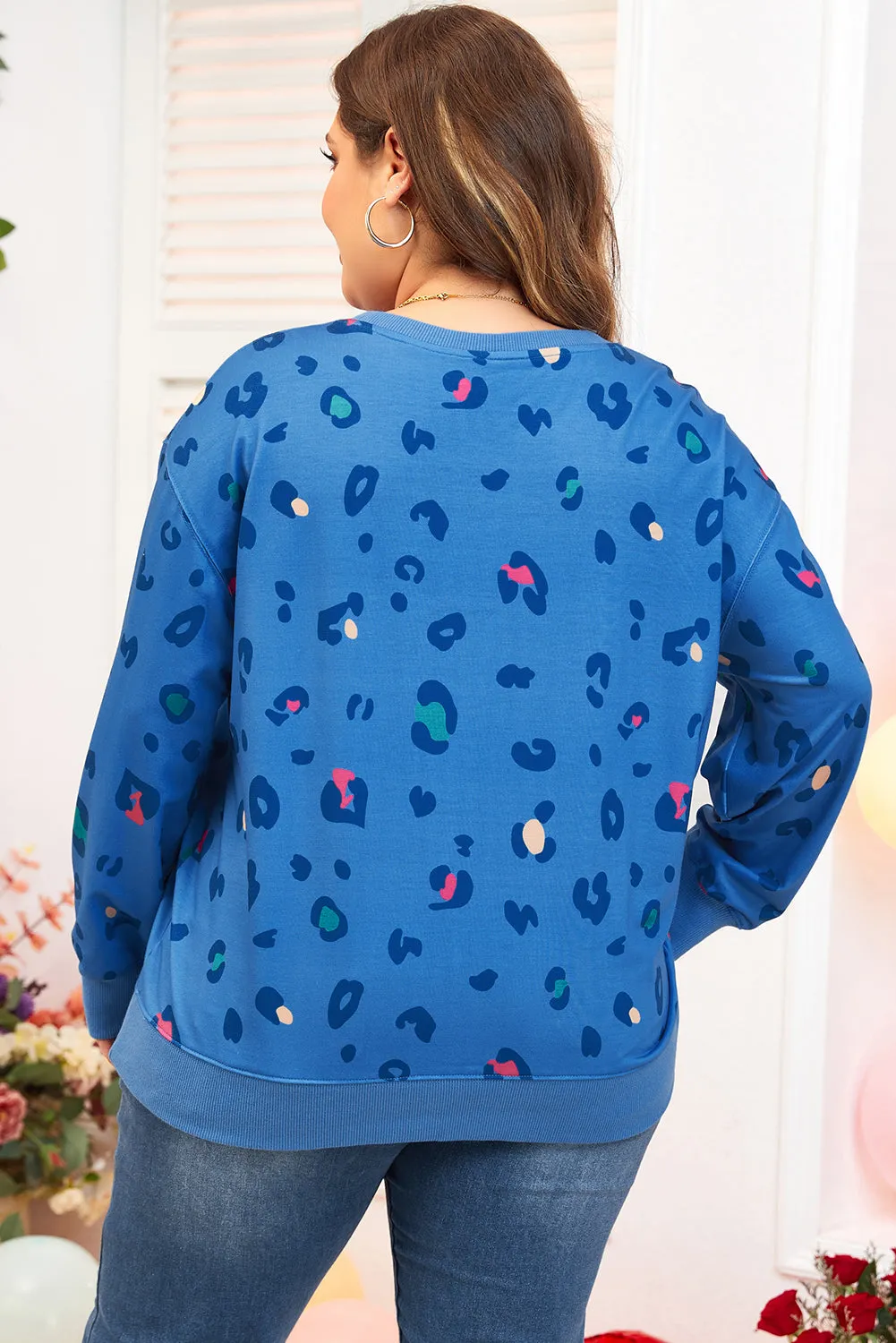 Sky Blue Leopard Ribbed Edge Drop Shoulder Pullover Sweatshirt sold by Beagle Boutique product image thumbnail 2