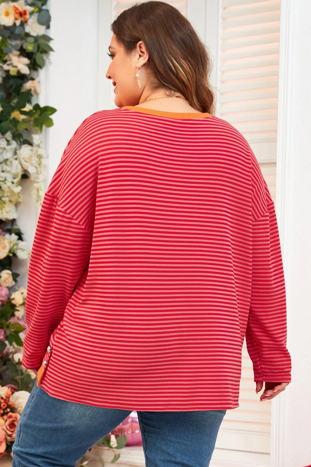 Orange Stripe Plus Size Drop Shoulder Long Sleeve Buttoned Decor Top sold by Beagle Boutique product image thumbnail 2