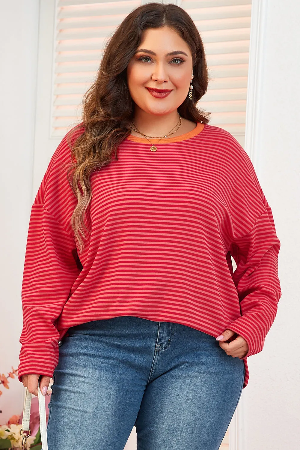 Orange Stripe Plus Size Drop Shoulder Long Sleeve Buttoned Decor Top sold by Beagle Boutique