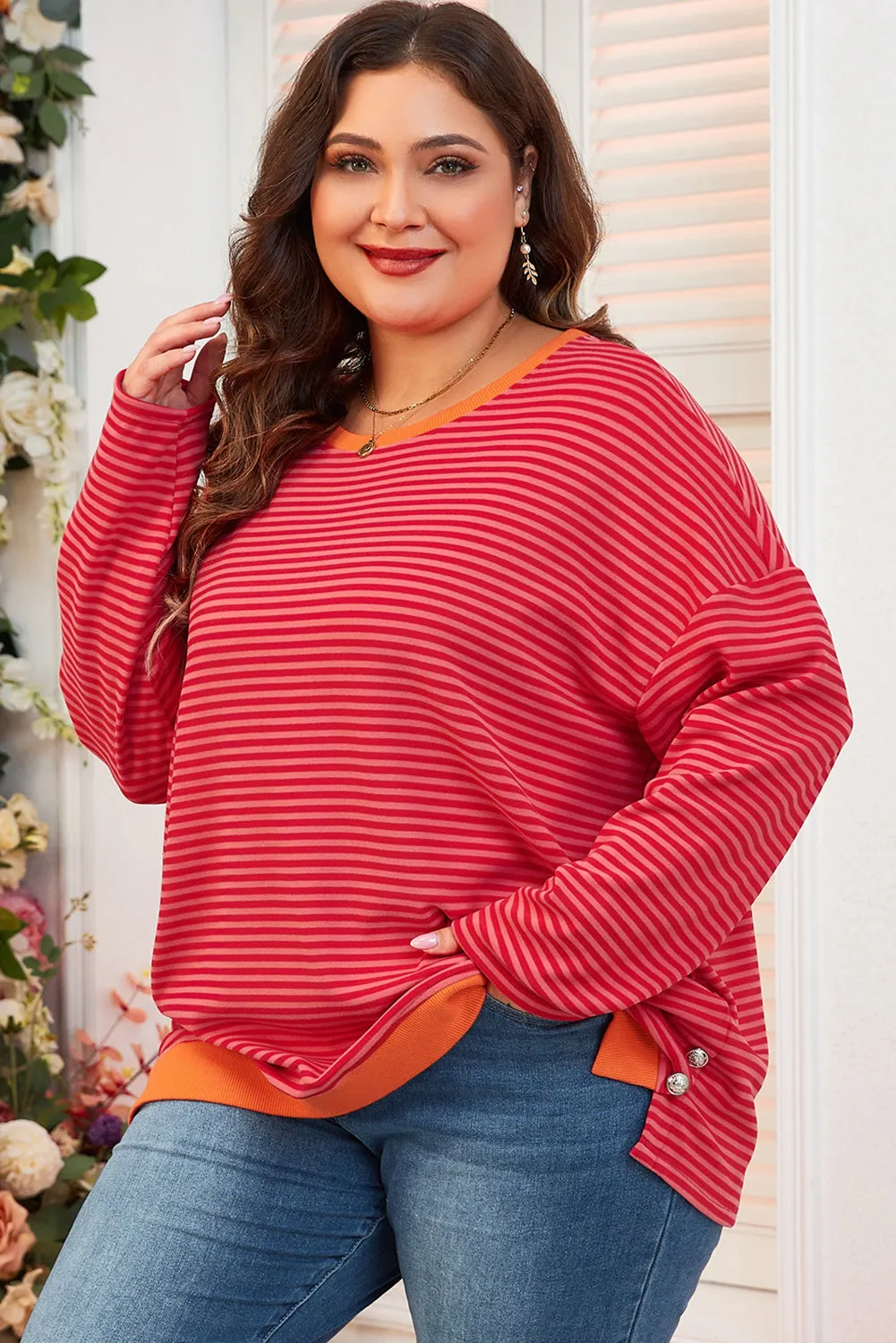 Orange Stripe Plus Size Drop Shoulder Long Sleeve Buttoned Decor Top sold by Beagle Boutique product image thumbnail 3