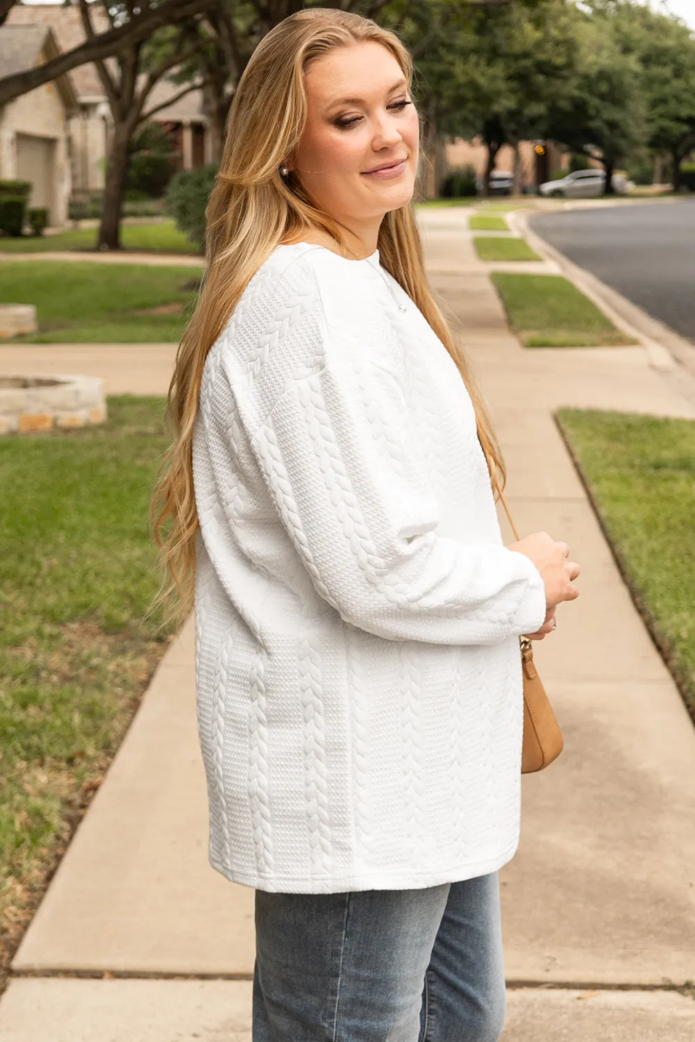 White Cable Textured Loose Plus Size Sweatshirt sold by Beagle Boutique product image thumbnail 2