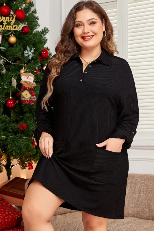 Black Ribbed Knit Buttoned Collared Roll Tab Sleeve Plus Size Mini Dress sold by Beagle Boutique