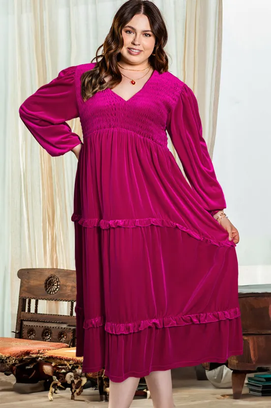 Rose Red Shirred V Neck Tiered Ruffled Velvet Plus Size Maxi Dress sold by Beagle Boutique