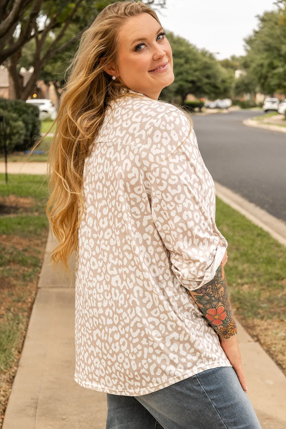 Beige Leopard Tab Sleeve V Neck Plus Size Top sold by Beagle Boutique product image thumbnail 3
