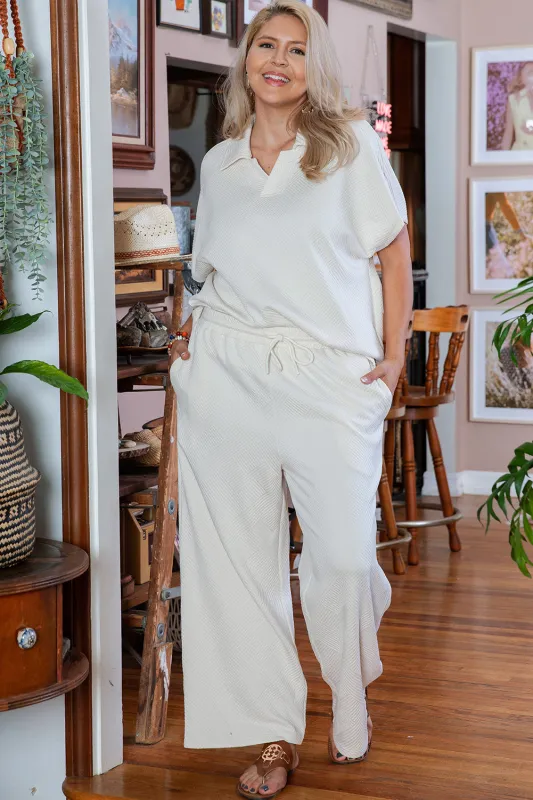 Beige Plus Size Textured Collared Top and Pants Set sold by Beagle Boutique
