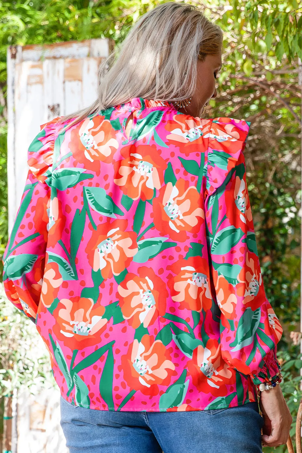 Rose Floral Print Pleated Ruffled O Neck Plus Size Blouse sold by Beagle Boutique product image thumbnail 2