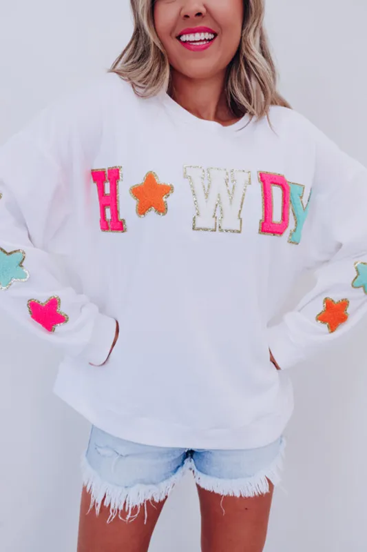 White Howdy Glitter Chenille Patch Graphic Casual Sweatshirt sold by Beagle Boutique