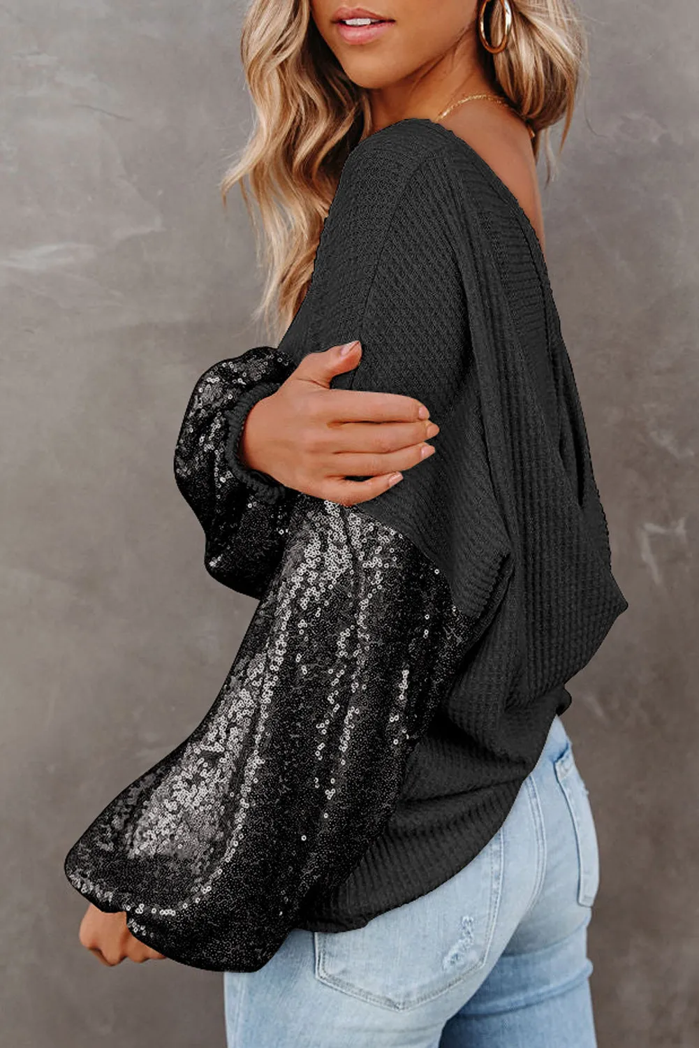 Sequin Patchwork Sleeve Open Back Waffle Knit Top sold by Beagle Boutique product image thumbnail 3