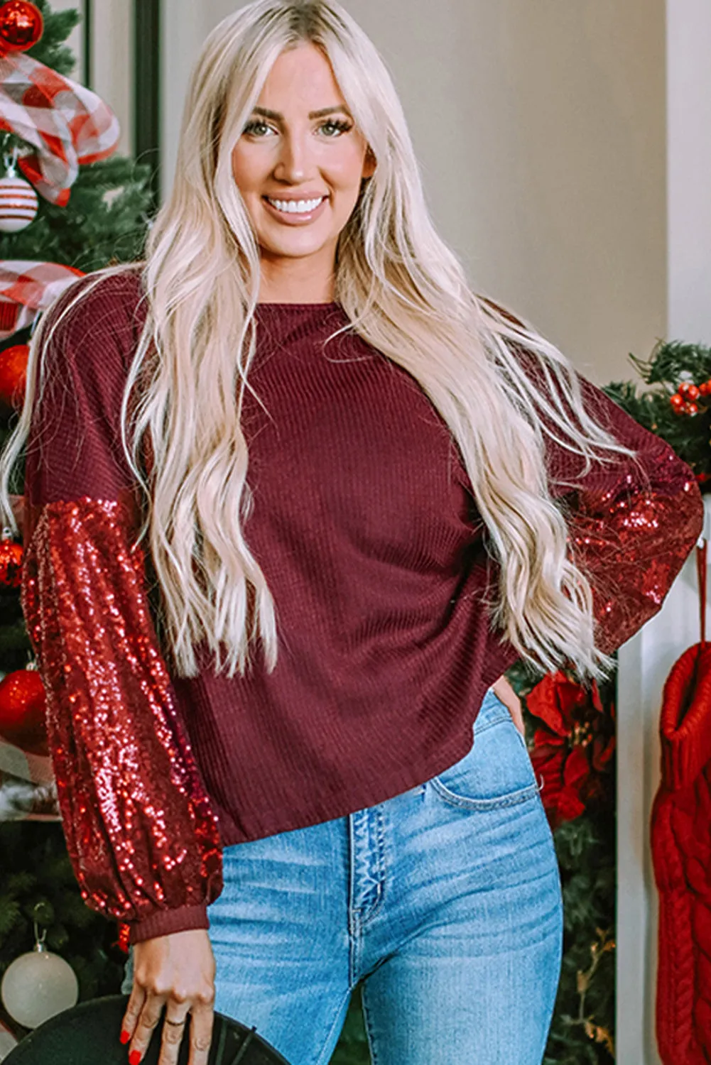 Sequin Patchwork Sleeve Open Back Waffle Knit Top sold by Beagle Boutique product image thumbnail 4