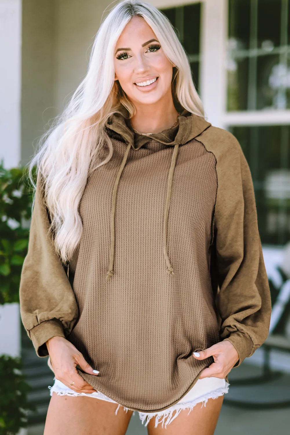 Khaki Waffled Expose Seam Drawstring Hoodie sold by Beagle Boutique