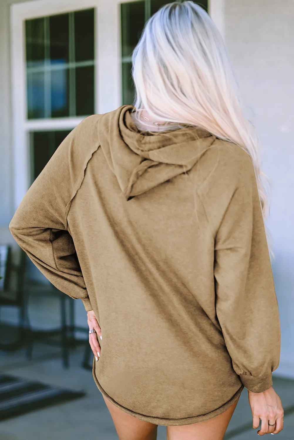 Khaki Waffled Expose Seam Drawstring Hoodie sold by Beagle Boutique product image thumbnail 2