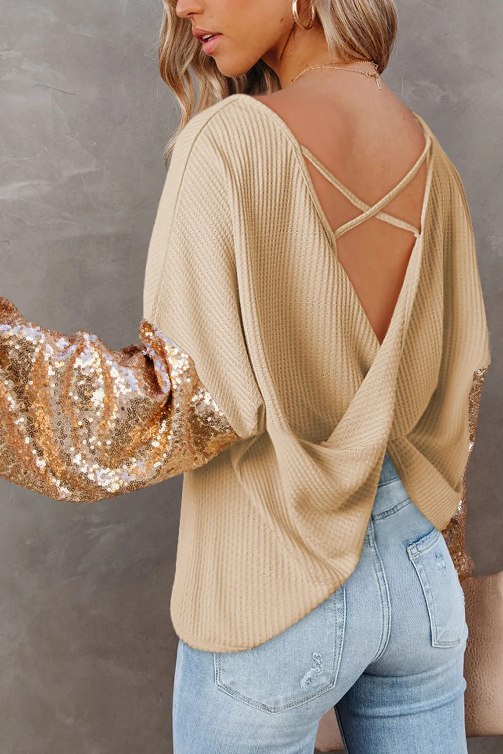 Beige Sequin Patchwork Sleeve Open Back Waffle Knit Top sold by Beagle Boutique product image thumbnail 2