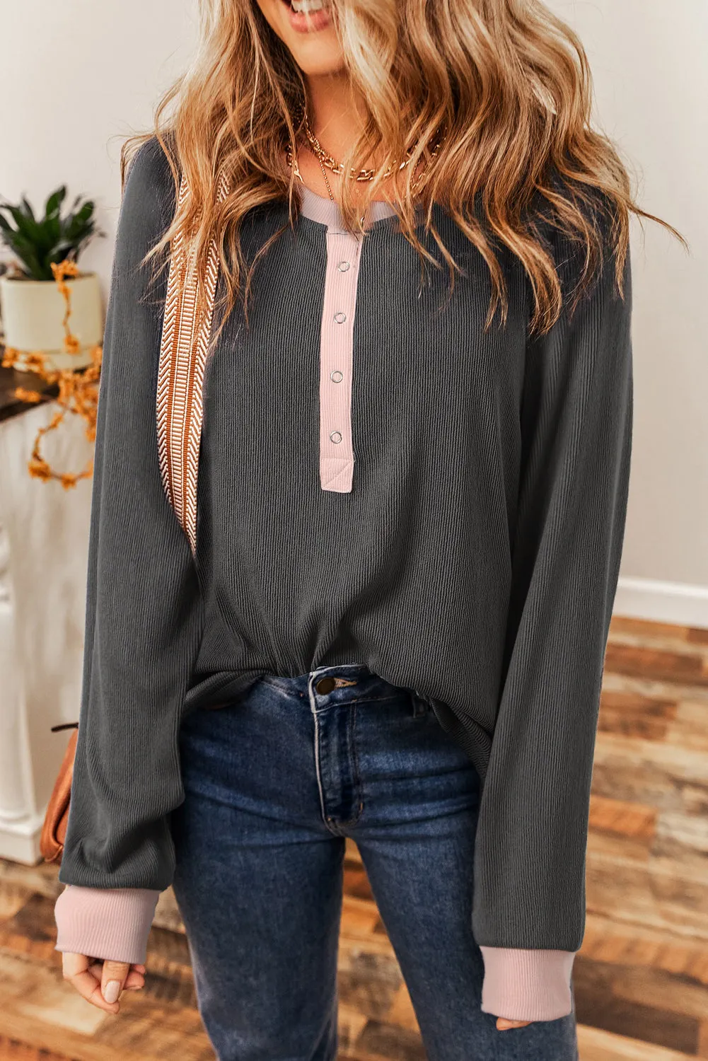 Carbon Grey Textured Contrast Stitching Henley Top sold by Beagle Boutique product image thumbnail 3