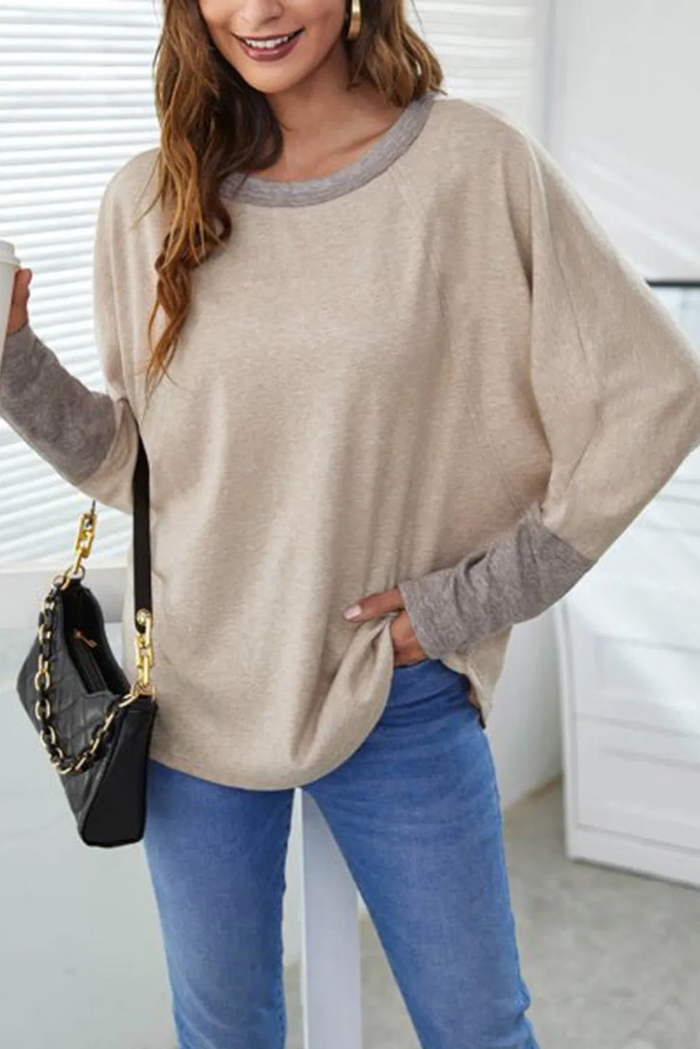 Khaki Contrast Cuffs Batwing Sleeve Loose Top sold by Beagle Boutique