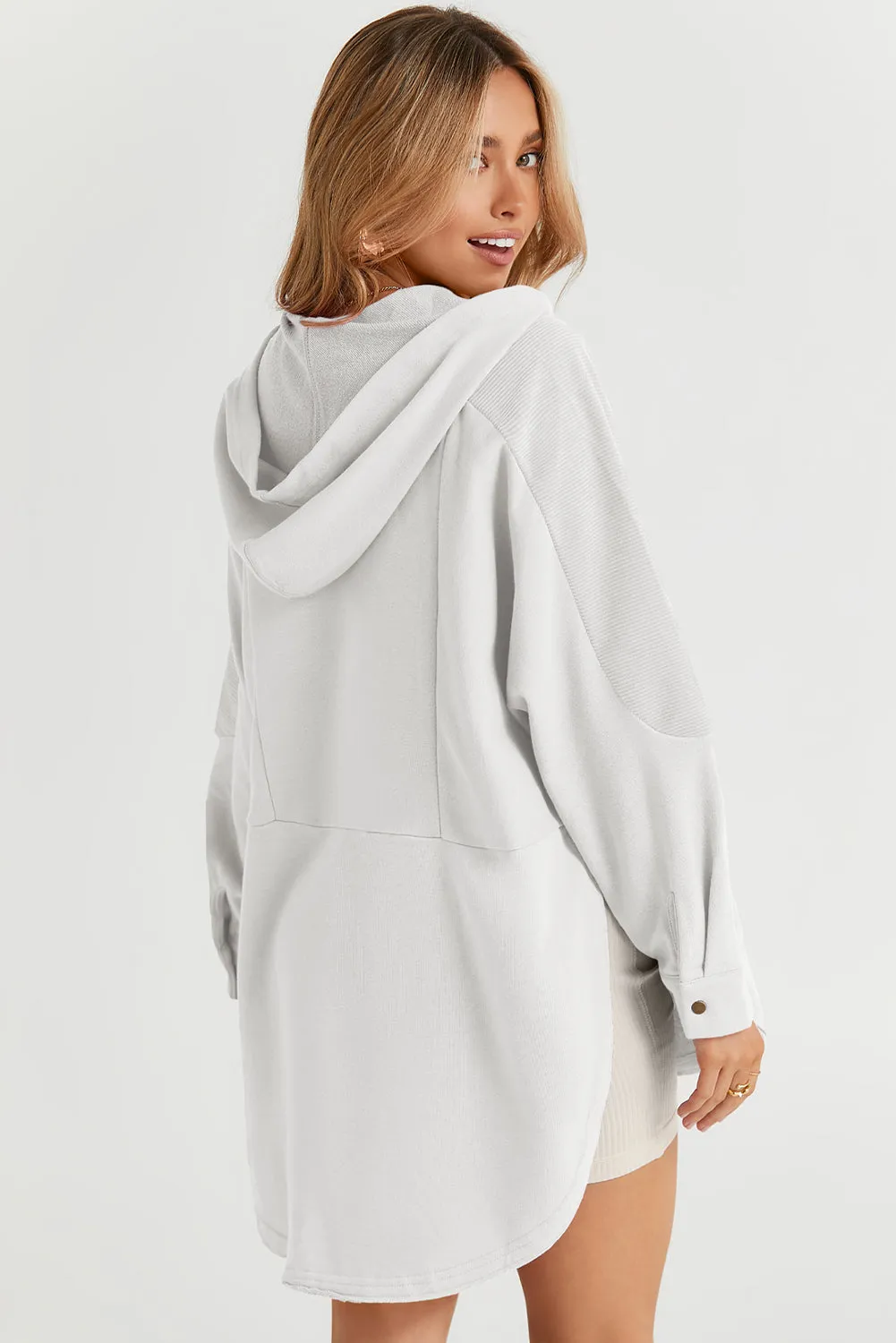 White Patchwork Side Pockets Oversized Henley Hoodie sold by Beagle Boutique product image thumbnail 2