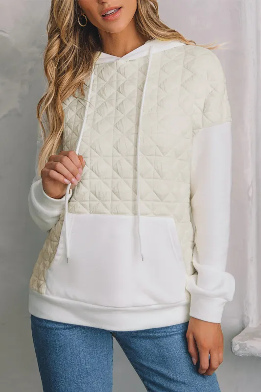 Beige Drop Shoulder Quilted Patchwork Kangaroo Pocket Hoodie sold by Beagle Boutique