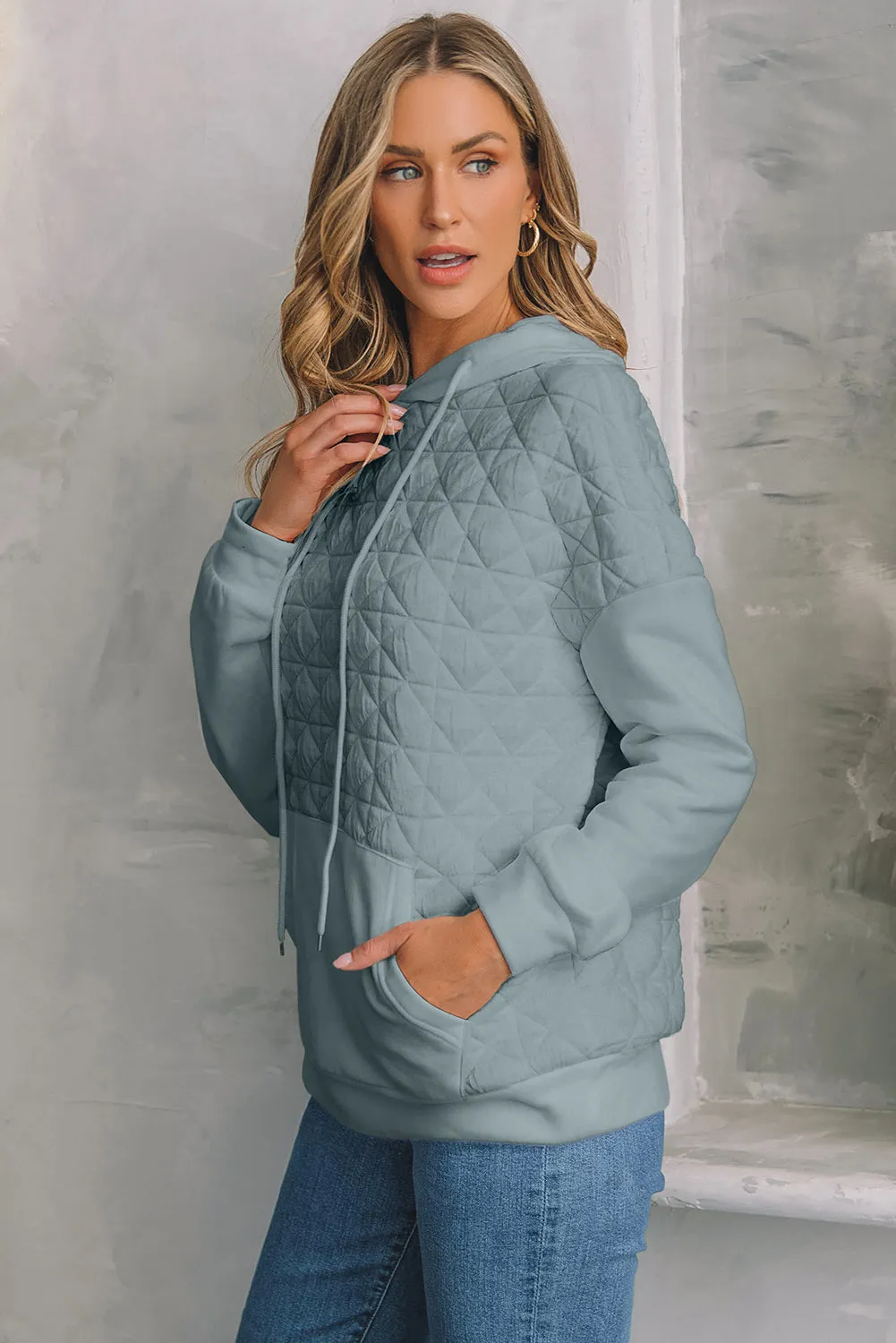 Light Grey Drop Shoulder Quilted Patchwork Kangaroo Pocket Hoodie sold by Beagle Boutique product image thumbnail 3