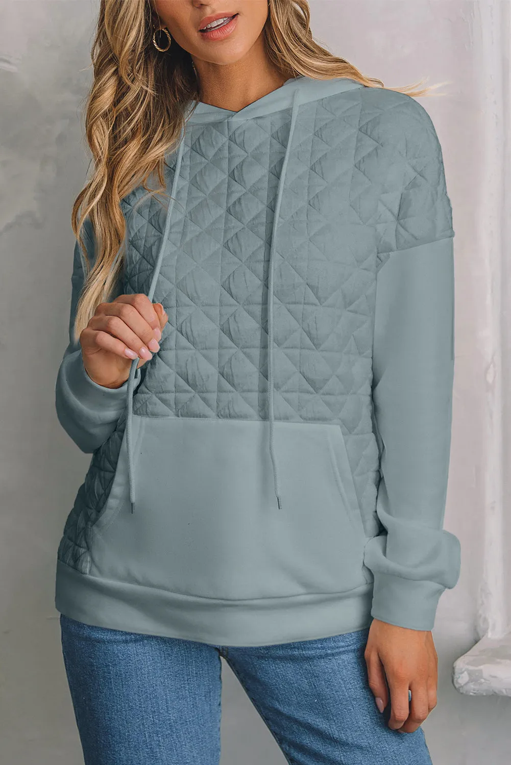 Light Grey Drop Shoulder Quilted Patchwork Kangaroo Pocket Hoodie sold by Beagle Boutique