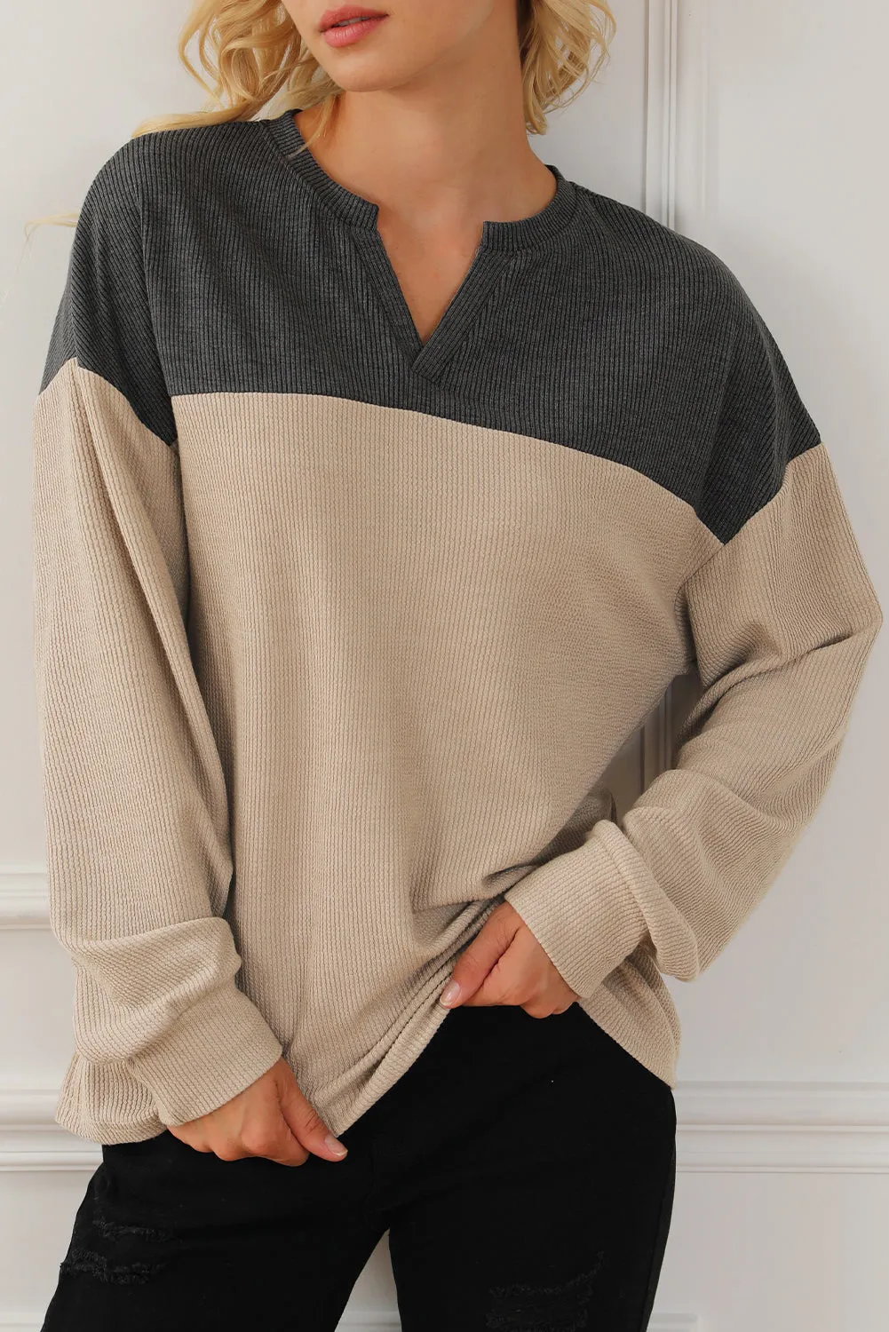 Carbon Grey Notched Neck Colourblock Ribbed Sweatshirt sold by Beagle Boutique product image thumbnail 2