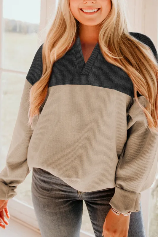 Carbon Grey Notched Neck Colourblock Ribbed Sweatshirt sold by Beagle Boutique