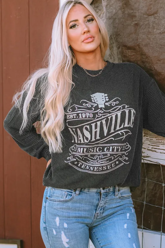 Black NASHVILLE MUSIC CITY Corded Graphic Sweatshirt sold by Beagle Boutique