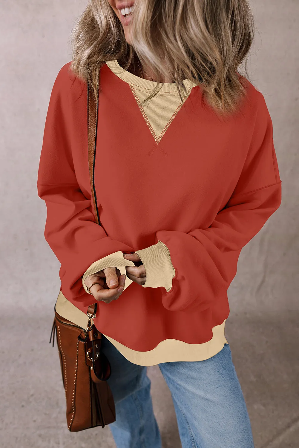 Red Clay Colour Block Patch Drop Shoulder Oversized Sweatshirt sold by Beagle Boutique product image thumbnail 3