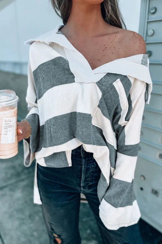 Stripe Oversized Collared Long Sleeve Top sold by Beagle Boutique