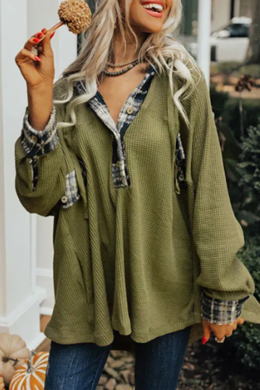 Green Flowy Plaid Accent Waffle Knit Henley Hoodie sold by Beagle Boutique