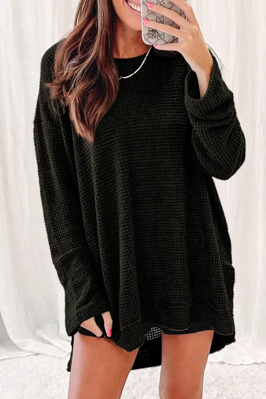 Black Waffle Knit High Slits Oversized Top sold by Beagle Boutique