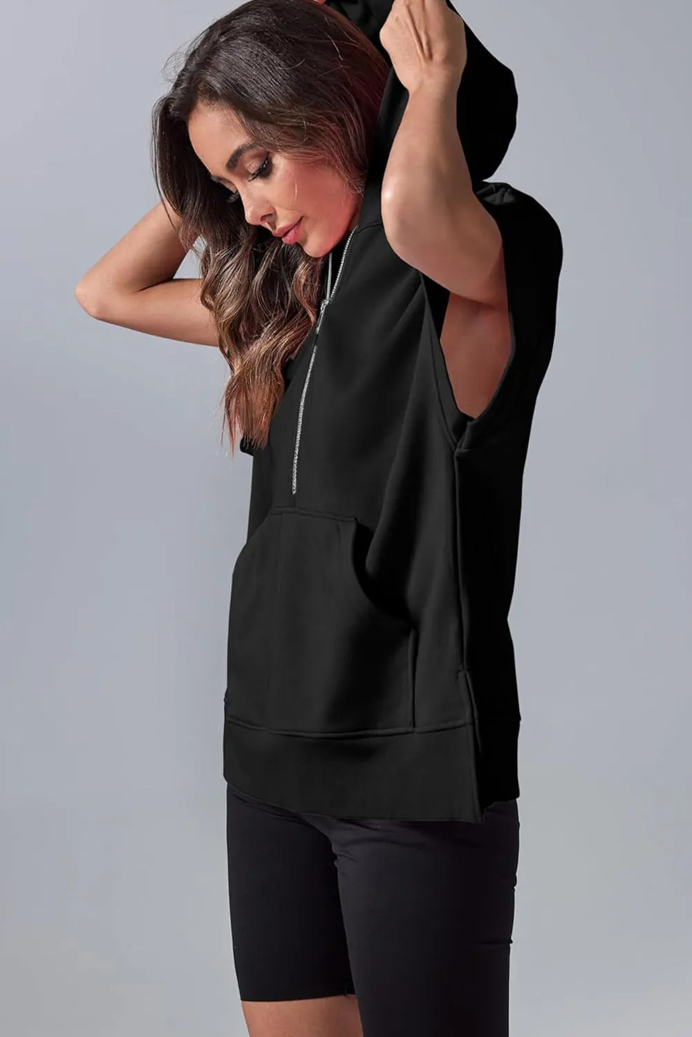 Black Half Zipper Kangaroo Pocket Short Sleeve Hoodie sold by Beagle Boutique product image thumbnail 3