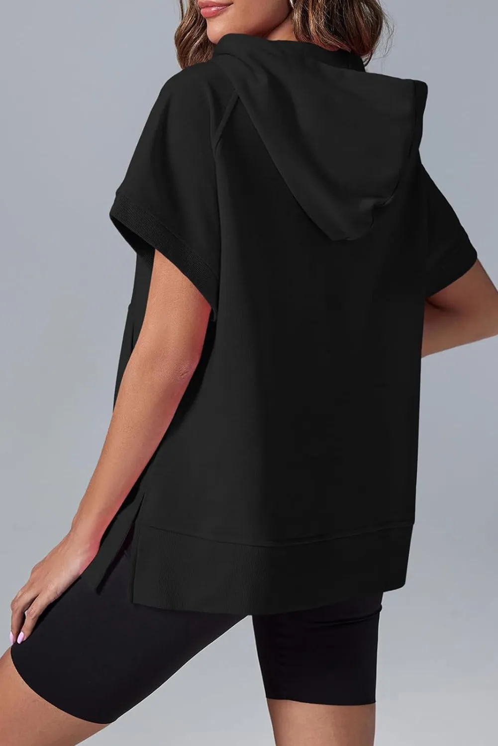 Black Half Zipper Kangaroo Pocket Short Sleeve Hoodie sold by Beagle Boutique product image thumbnail 2
