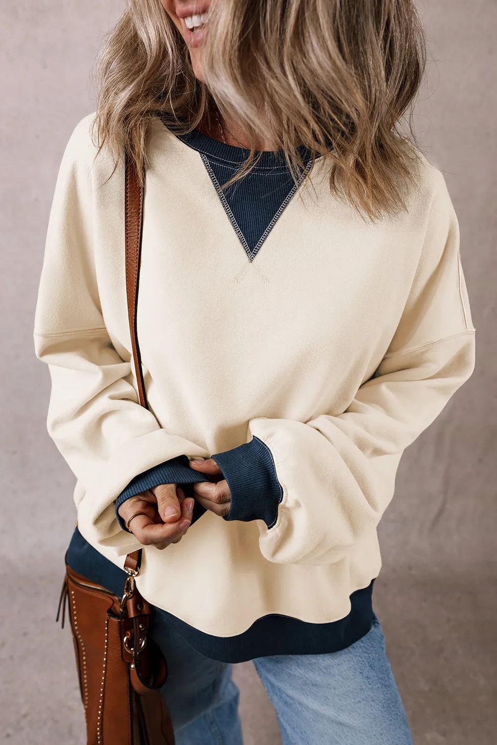 White Color Block Patch Drop Shoulder Oversized Sweatshirt sold by Beagle Boutique product image thumbnail 3