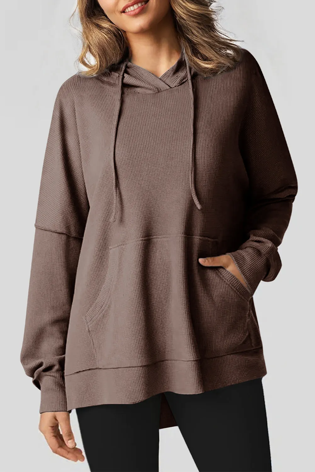 Light Pink Waffle Knit Fleece Lined High Low Oversized Hoodie sold by Beagle Boutique product image thumbnail 4