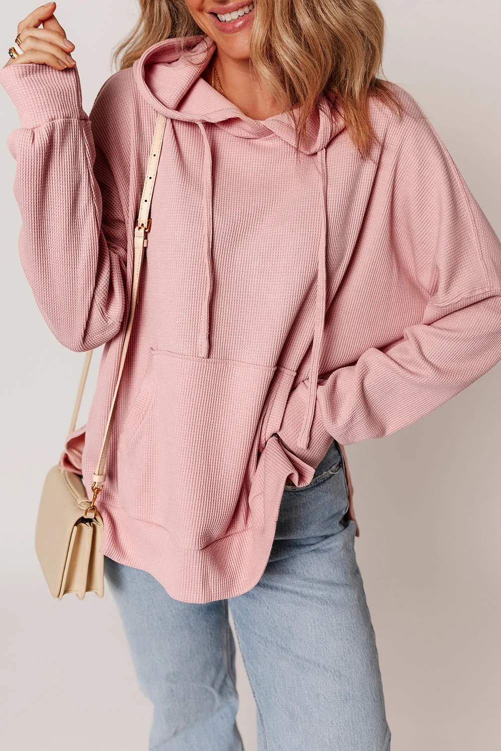 Light Pink Waffle Knit Fleece Lined High Low Oversized Hoodie sold by Beagle Boutique