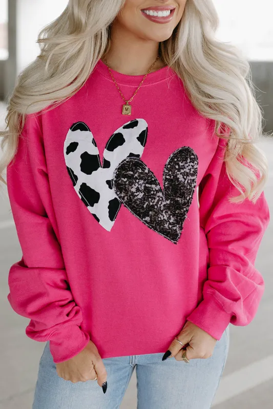 Strawberry Pink Cow & Sequin Double Heart Patch Graphic Sweatshirt sold by Beagle Boutique