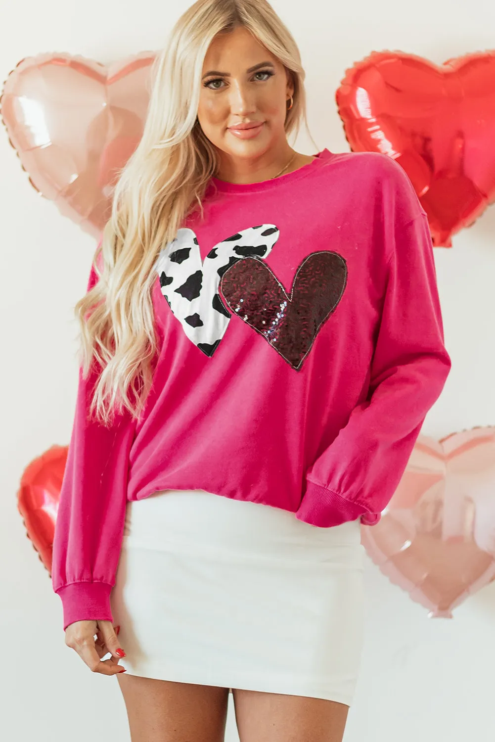 Strawberry Pink Cow & Sequin Double Heart Patch Graphic Sweatshirt sold by Beagle Boutique product image thumbnail 4