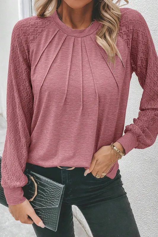 Rose Pink Contrast Lace Raglan Sleeve Plicate Round Neck Top made by Beagle Boutique
