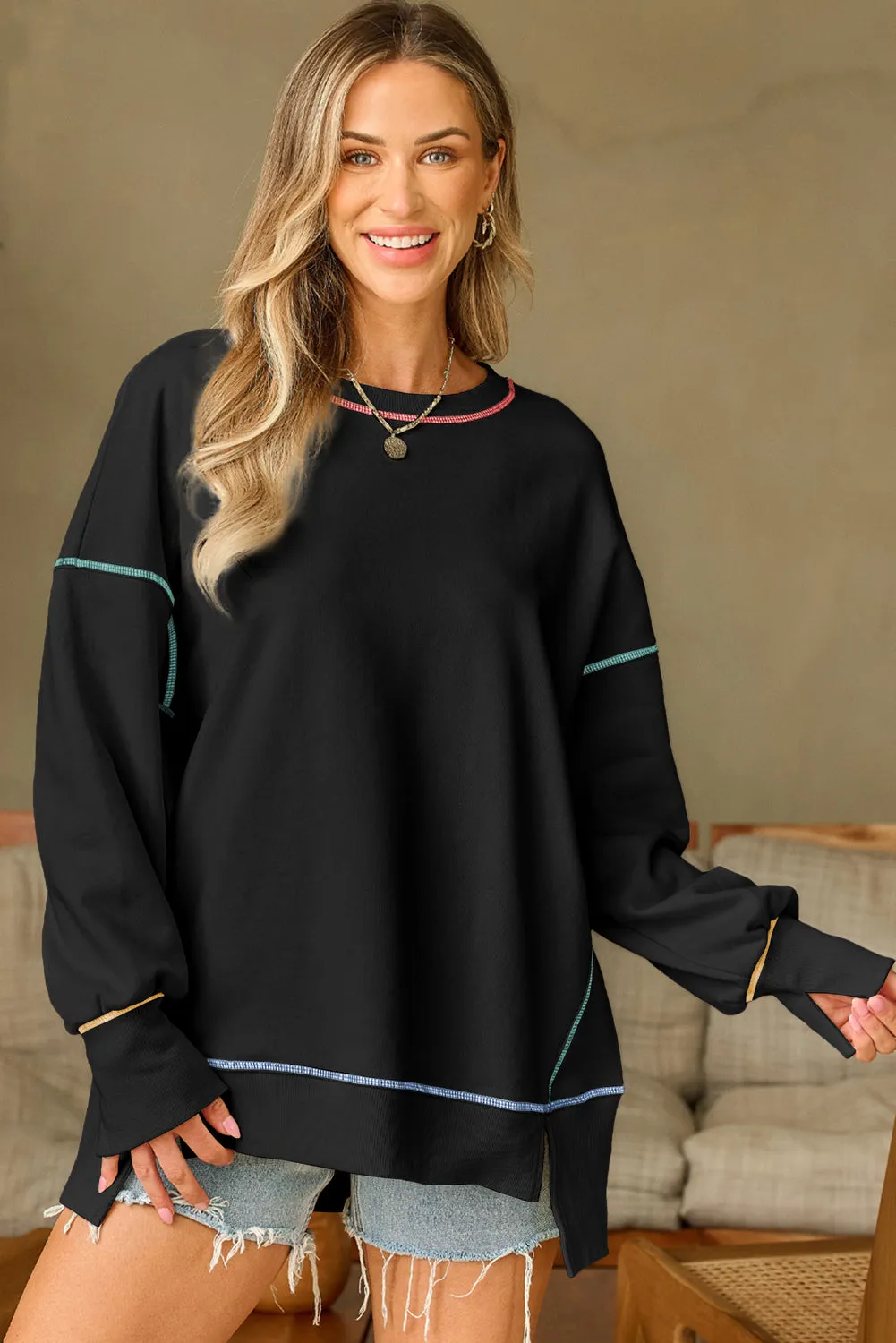 Black Contrast Stitching Split Baggy Sweatshirt sold by Beagle Boutique