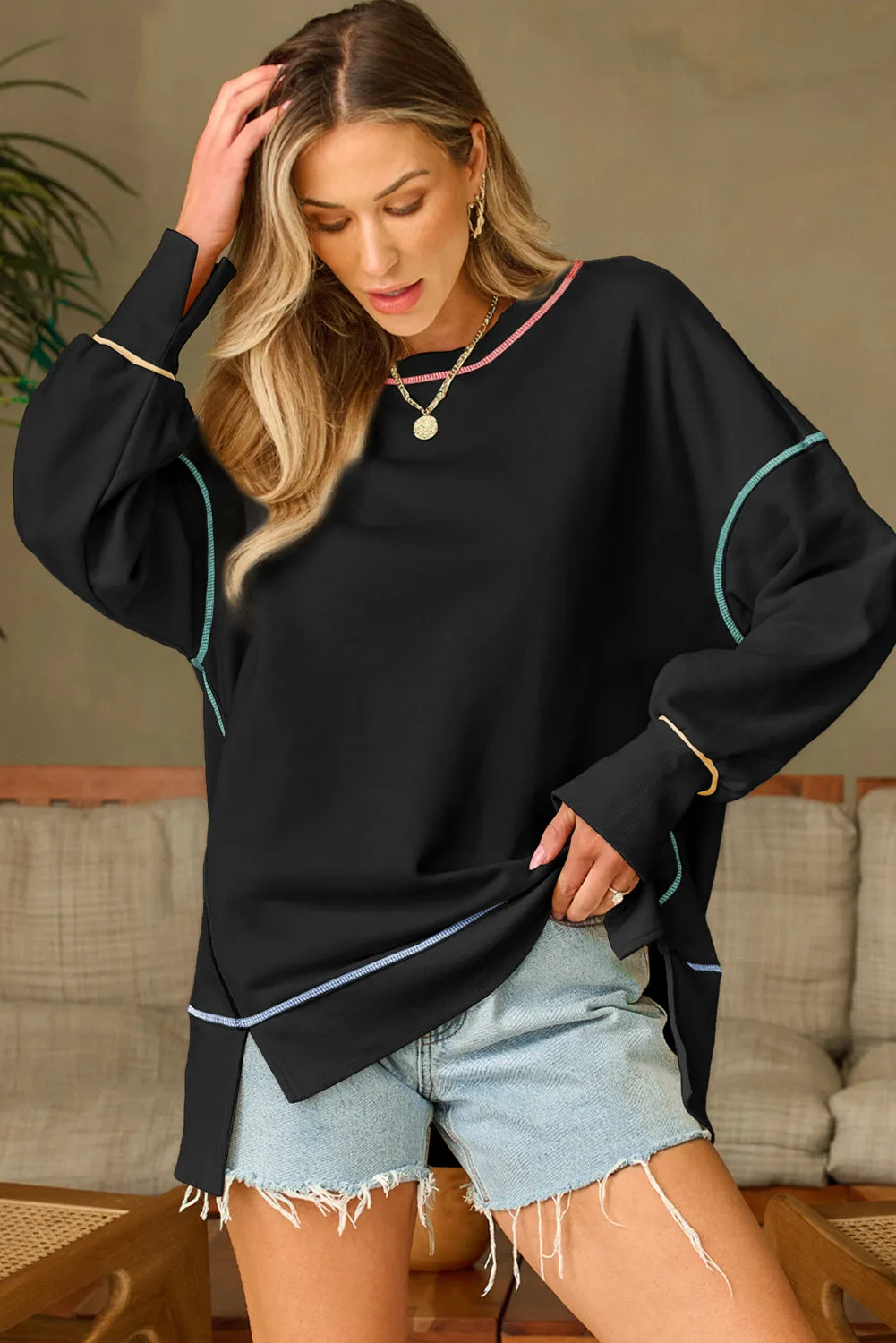 Black Contrast Stitching Split Baggy Sweatshirt sold by Beagle Boutique product image thumbnail 2