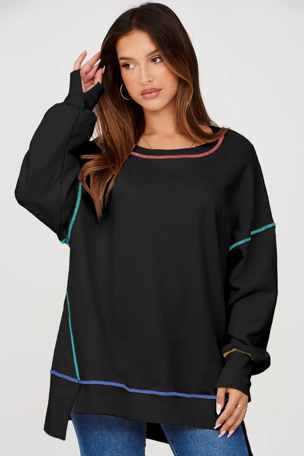 Black Contrast Stitching Split Baggy Sweatshirt sold by Beagle Boutique product image thumbnail 3