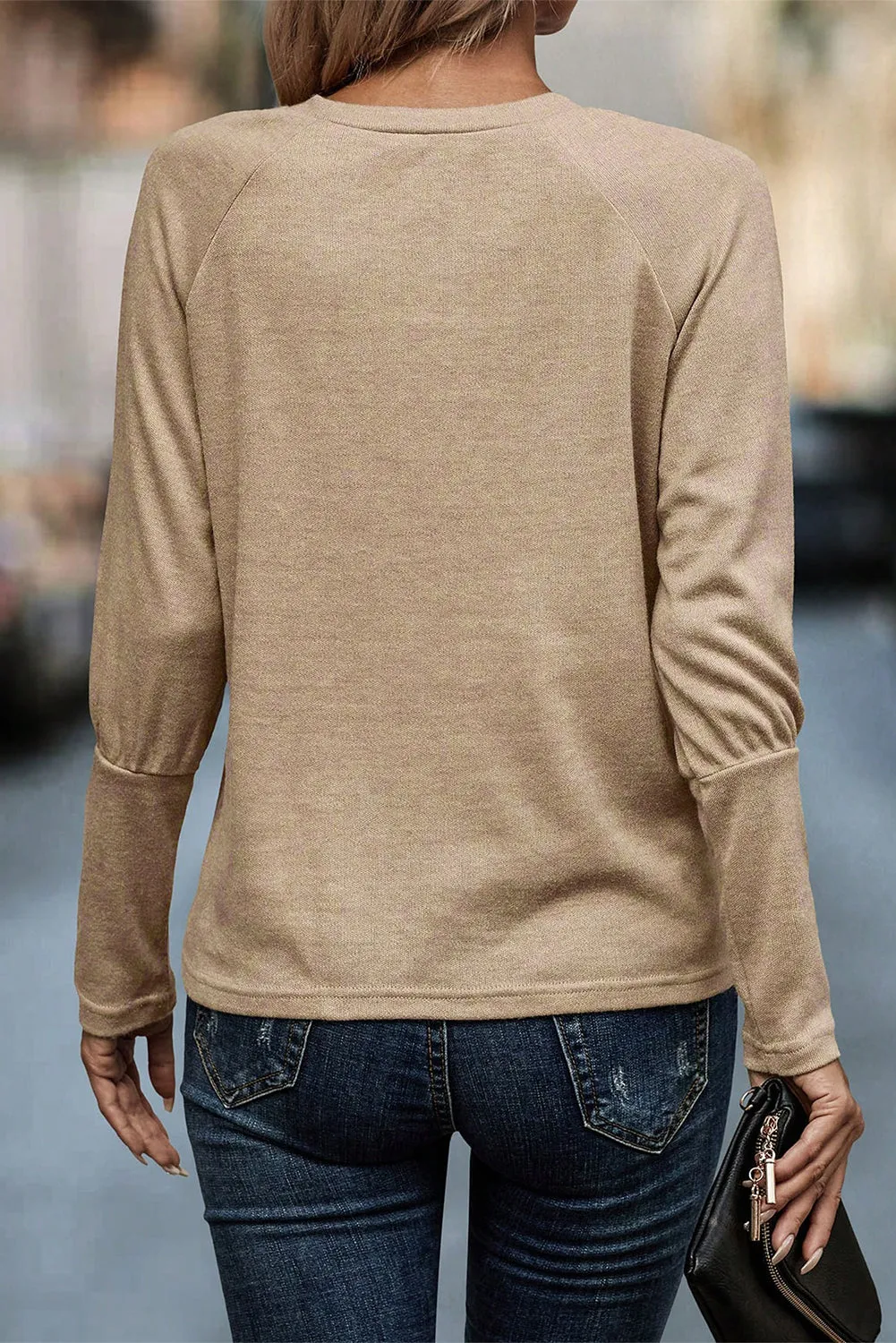 Pale Khaki Solid Ruched Raglan Sleeve Knit Top sold by Beagle Boutique product image thumbnail 2