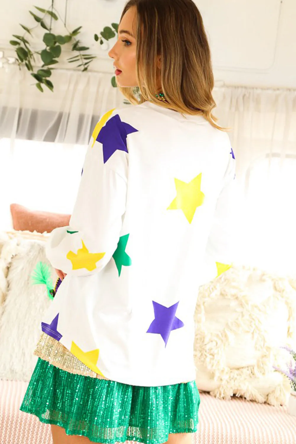 White Mardi Gras Star Printed Long Sleeve Top sold by Beagle Boutique product image thumbnail 2