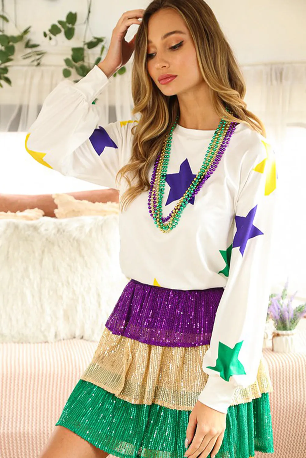 White Mardi Gras Star Printed Long Sleeve Top sold by Beagle Boutique product image thumbnail 3