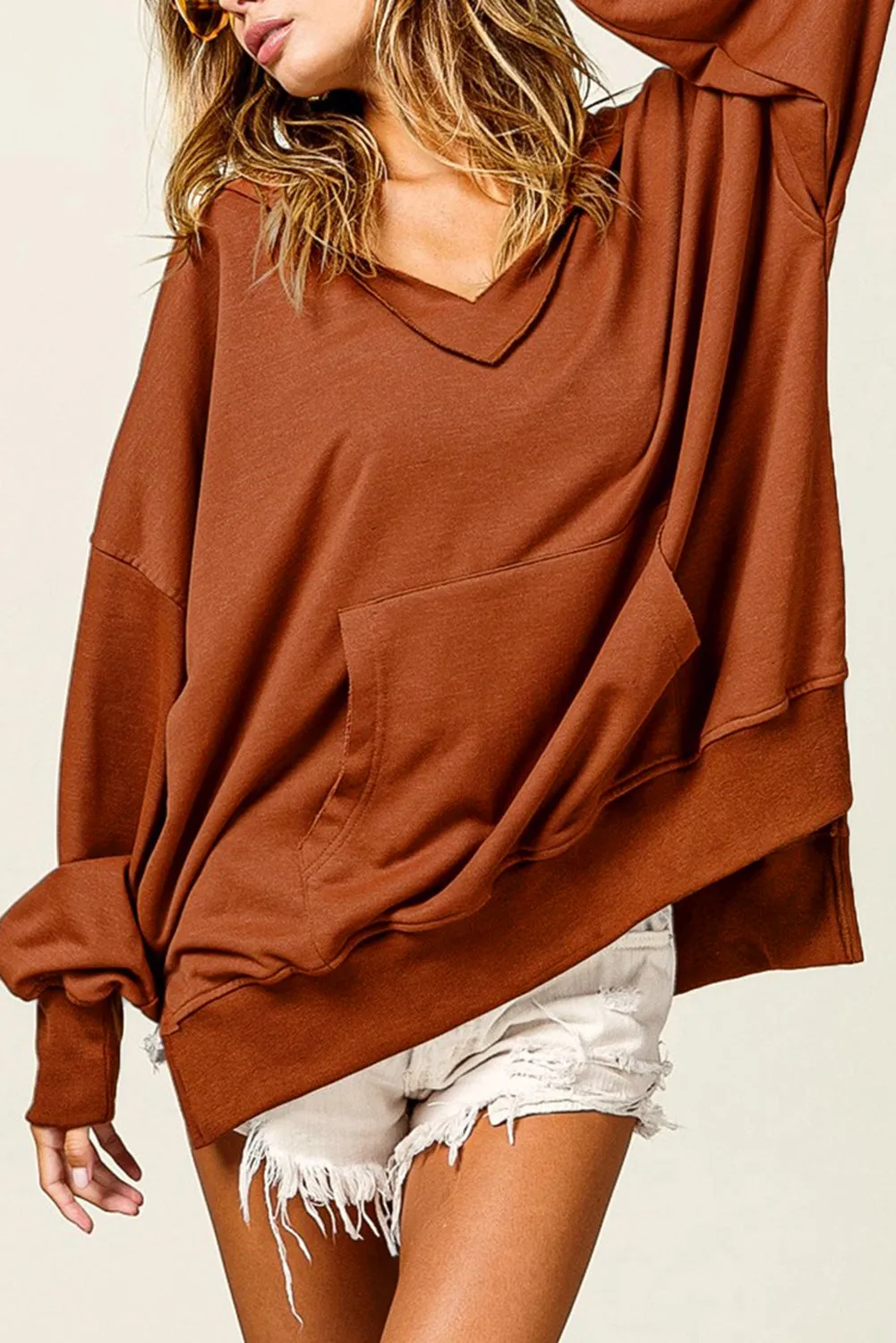 Chestnut V Neck Kangaroo Pocket Oversized Hoodie sold by Beagle Boutique