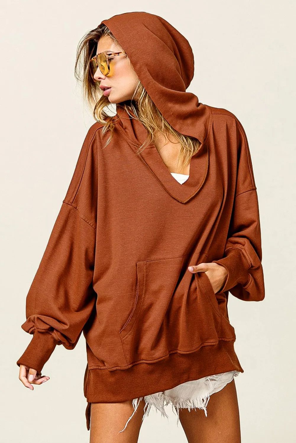 Chestnut V Neck Kangaroo Pocket Oversized Hoodie sold by Beagle Boutique product image thumbnail 3