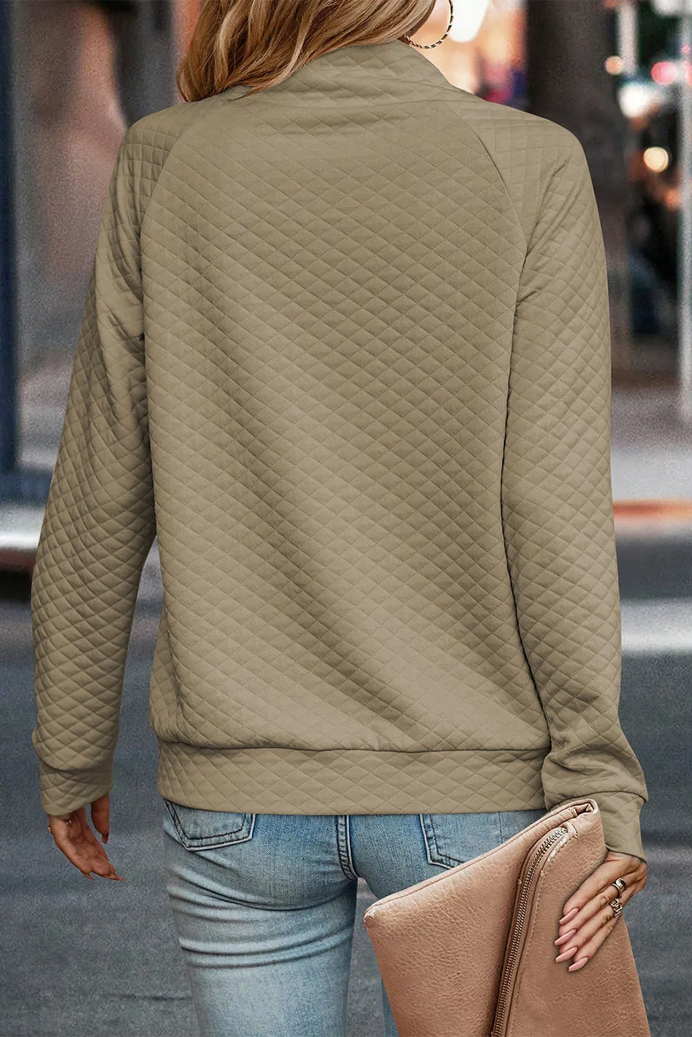 Beige Quilted Buttoned Neckline Stand Neck Pullover Sweatshirt sold by Beagle Boutique product image thumbnail 2