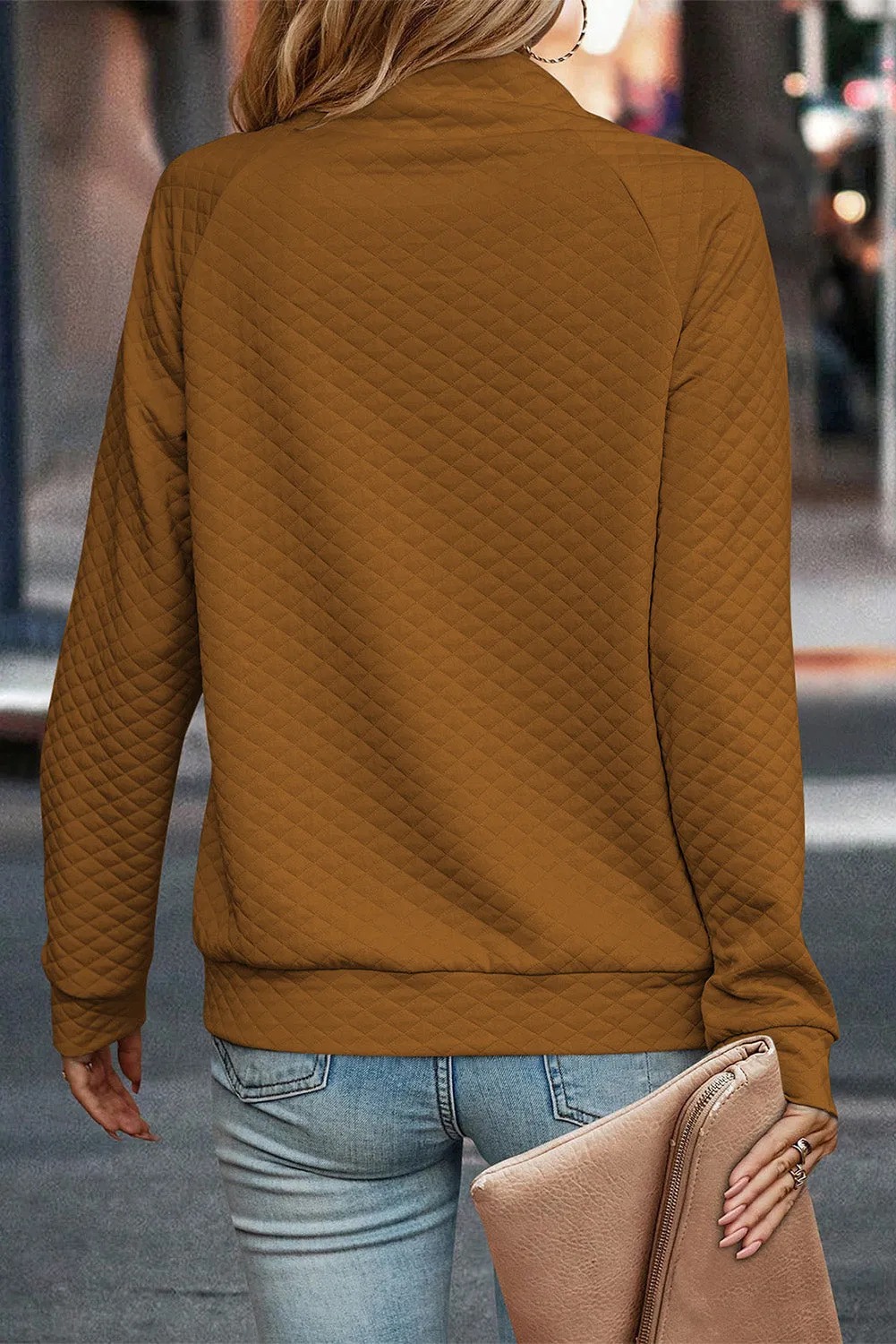 Beige Quilted Buttoned Neckline Stand Neck Pullover Sweatshirt sold by Beagle Boutique product image thumbnail 5